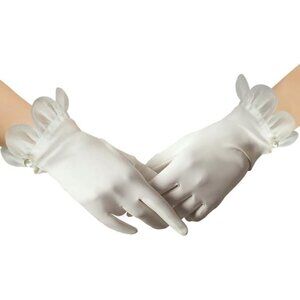 Women's Lvory-1 Floral Lace Short Satin Ruffle Pearls Evening Gloves Party Prom